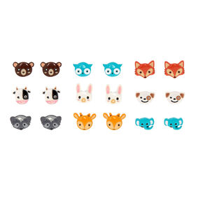 Silver Animal Faces Stud Earrings - 9 Pack,