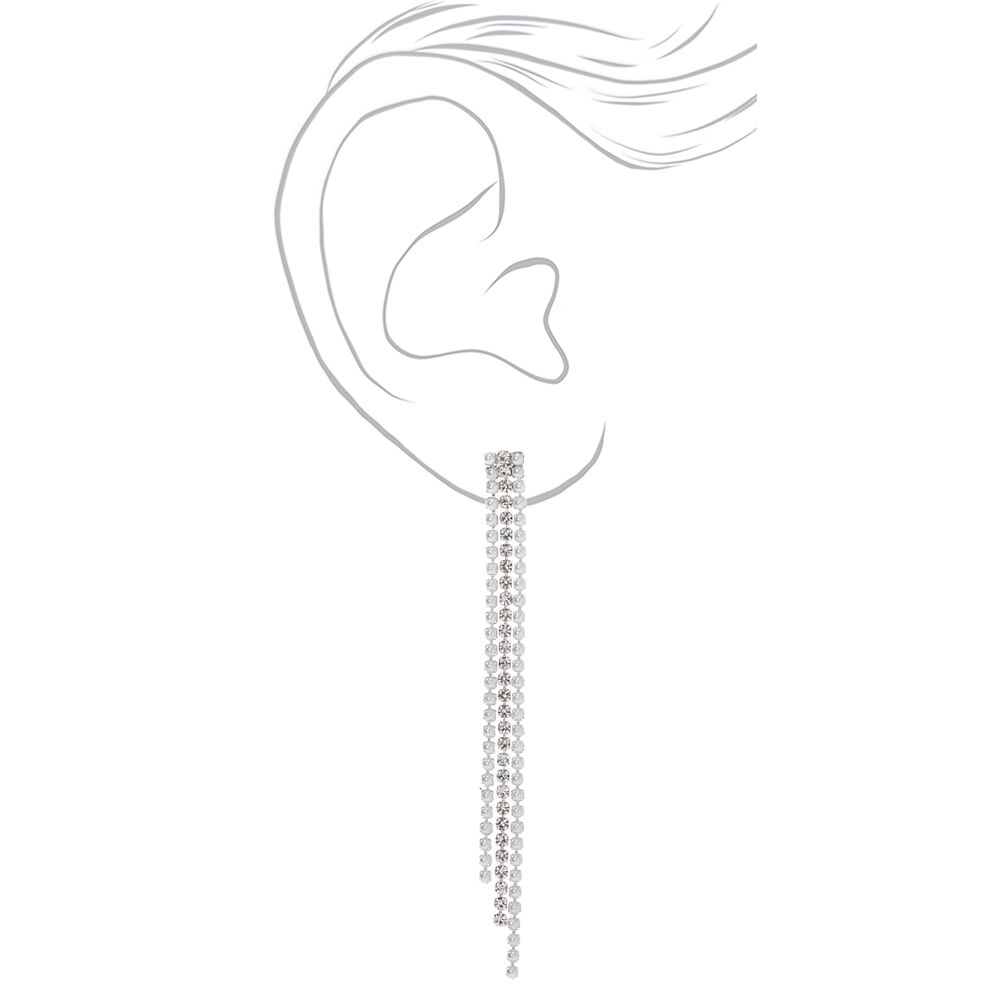 Silver Rhinestone & Pearl 3" Chain Drop Earrings,