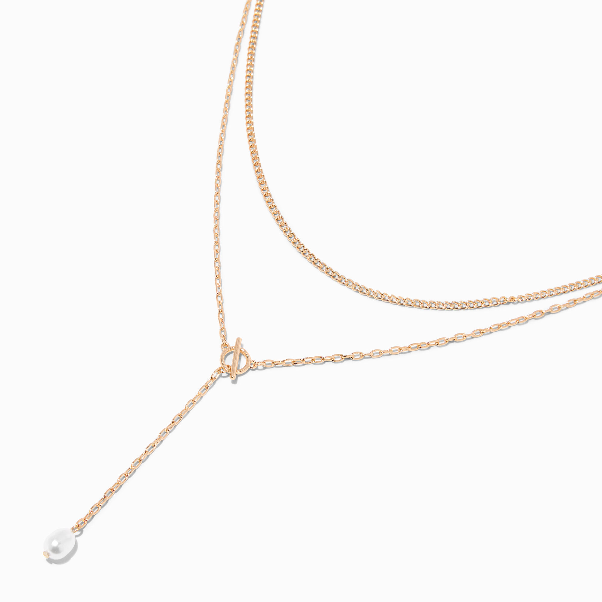 Gold-tone Pearl Drop Chain Y-Neck Multi-Strand Necklace,
