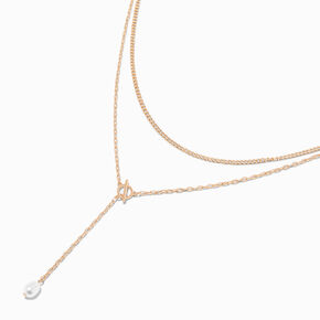 Gold-tone Pearl Drop Chain Y-Neck Multi Strand Necklace,
