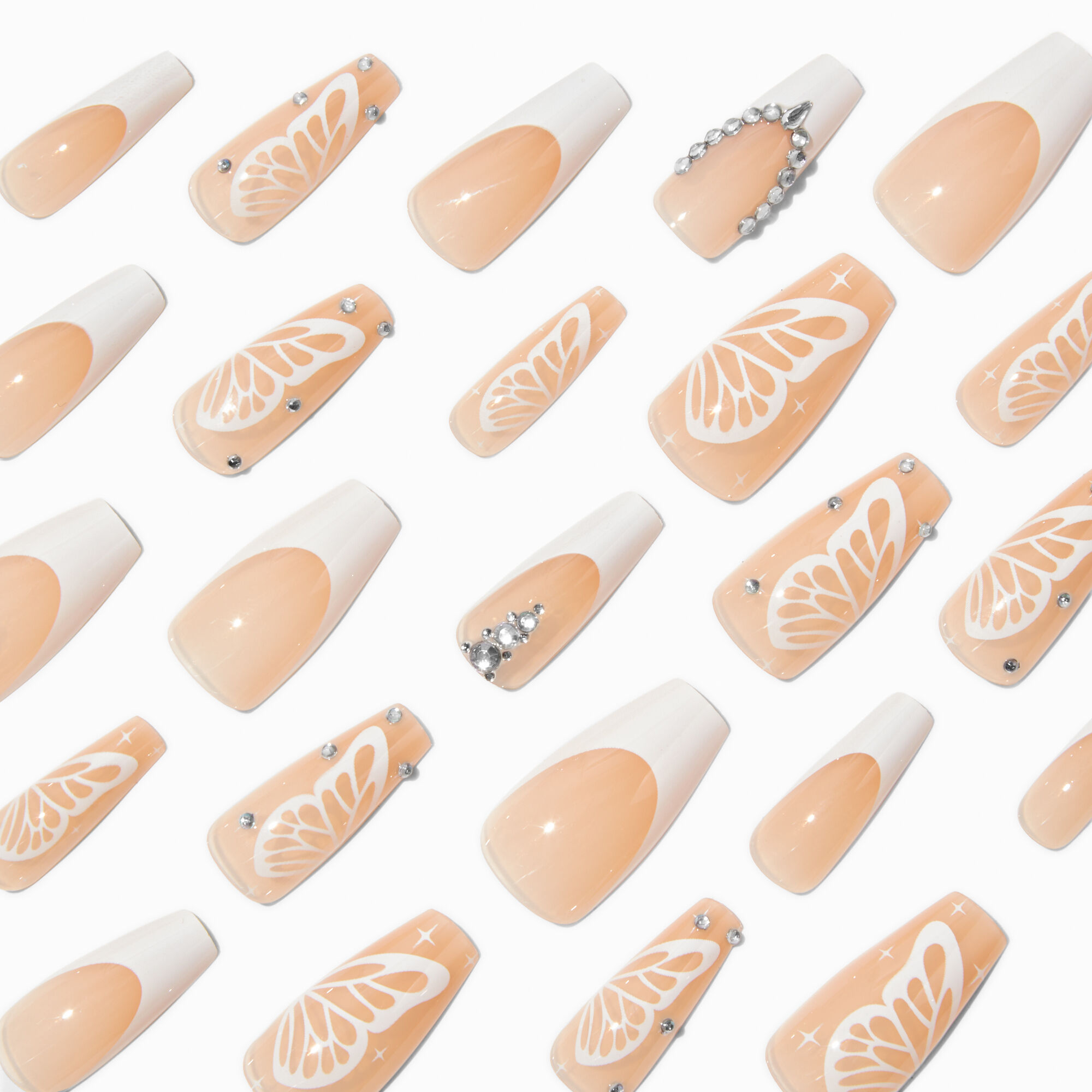 View Claires Butterfly French Tip Bling Squareletto Vegan Faux Nail Set 24 Pack White information