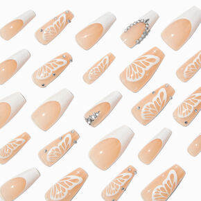 White Butterfly French Tip Bling Squareletto Vegan Faux Nail Set - 24 Pack,