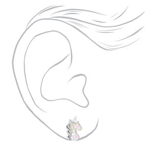 Silver Iridescent Unicorn Head Stud Earrings,