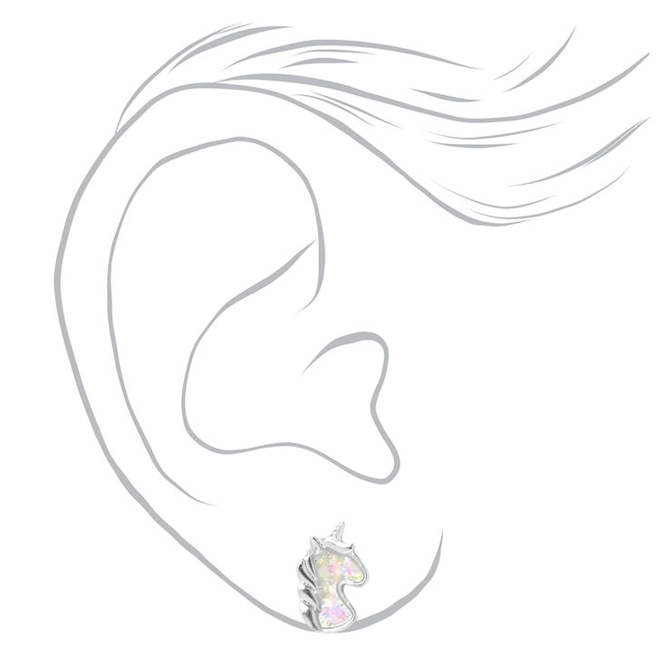 Silver Iridescent Unicorn Head Stud Earrings,