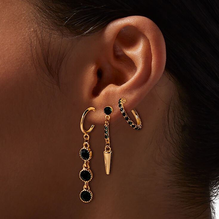 Gold-tone Emerald Green Crystal Earring Stackables Set - 3 Pack,