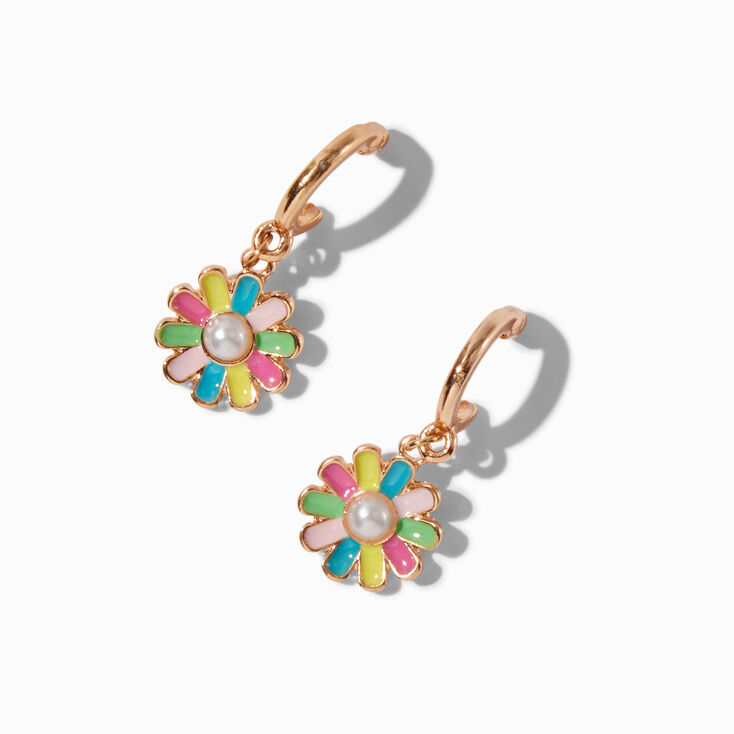 Pastel Pearl Daisy Huggie Hoop Earrings,