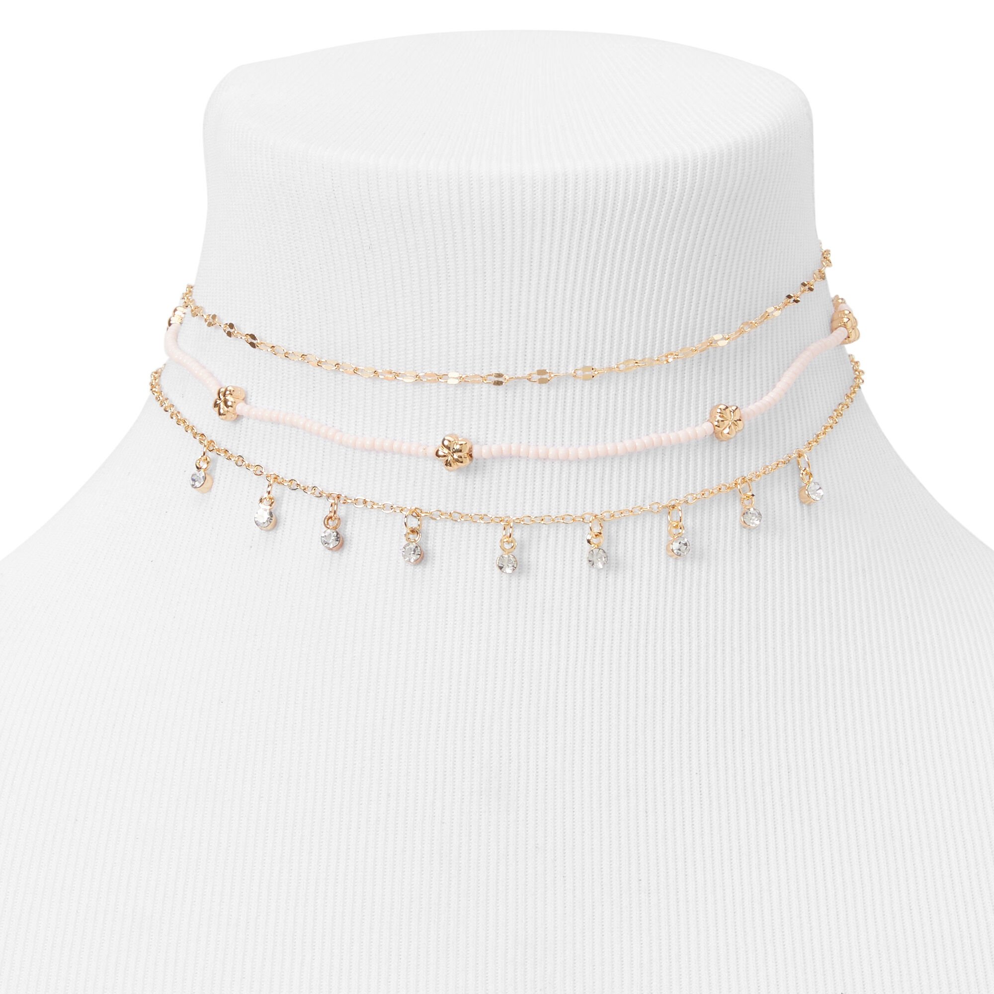 Gold Beaded Flower Choker Necklaces Pink 3 Pack