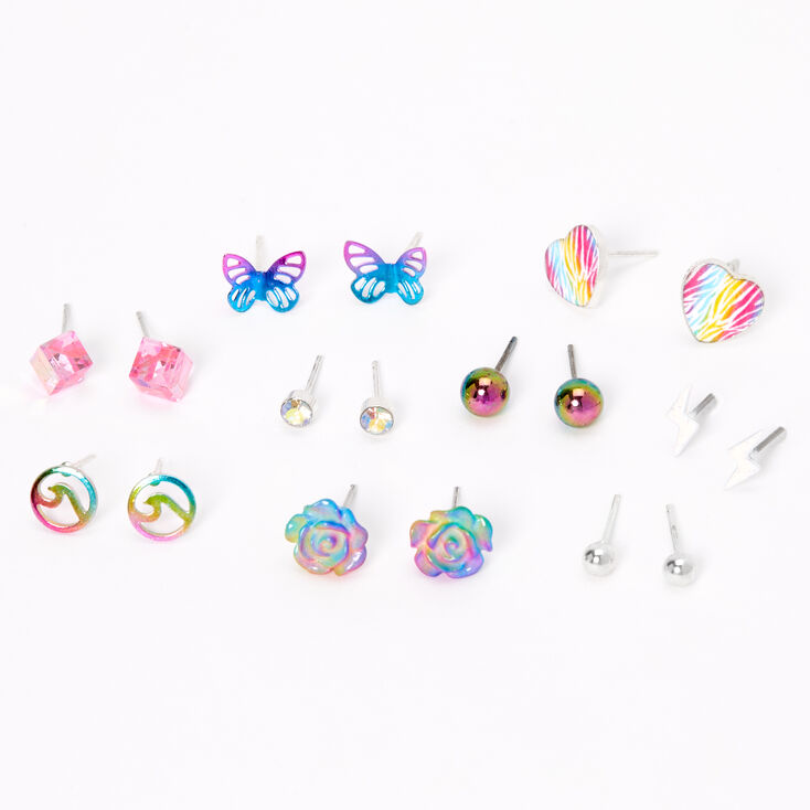 Silver Rainbow Ombre Mixed Stud Earrings - 9 Pack,