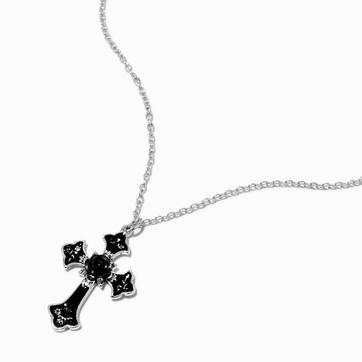 Black Rose Cross Silver-tone Pendant Necklace