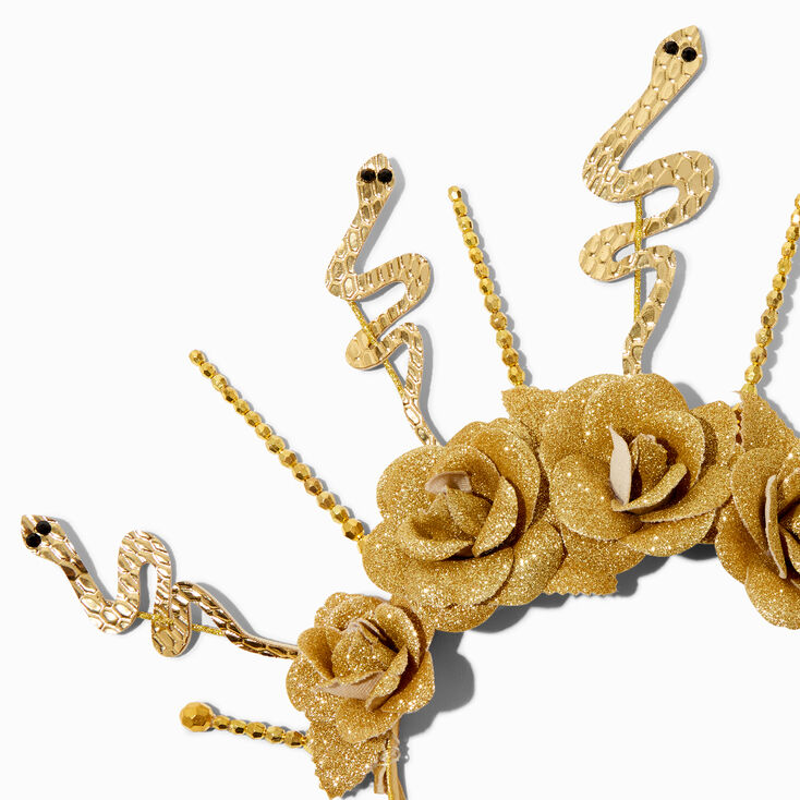 Serre-t&ecirc;te couronne avec halo serpents et roses couleur dor&eacute;e,