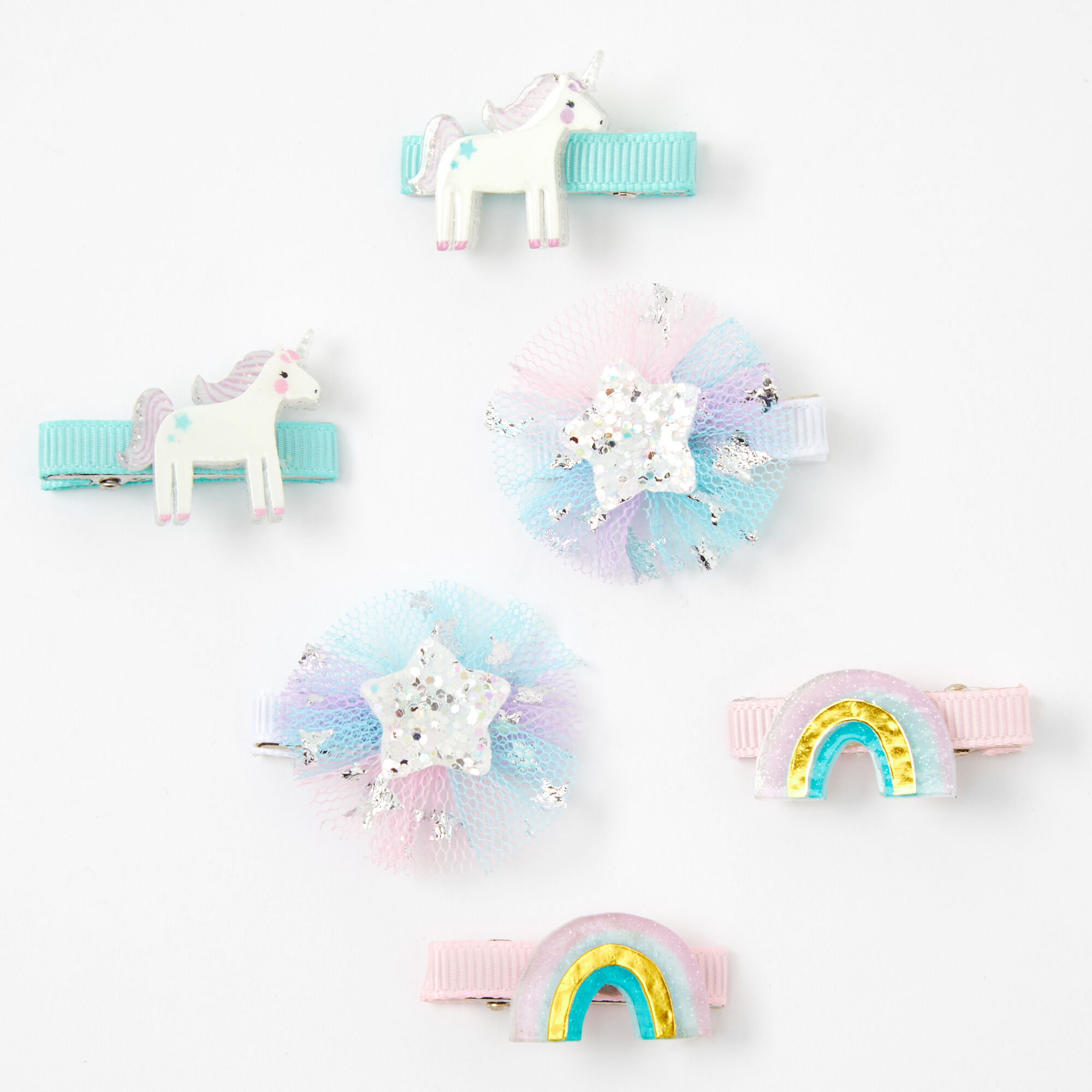 Claire's Club Pastel Rainbow Unicorn Hair Clips - 6 Pack,