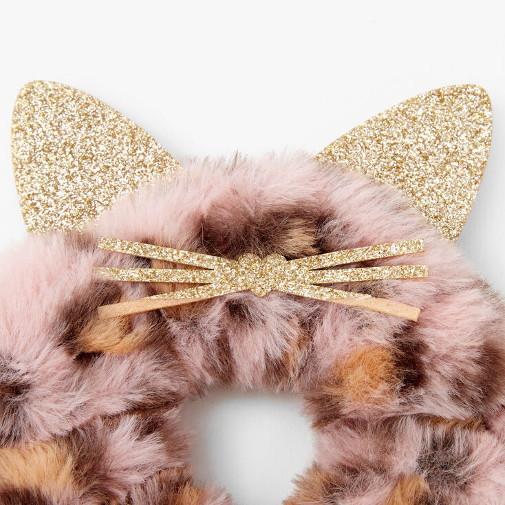 Medium Pink Faux Fur Leopard Hair Scrunchie,