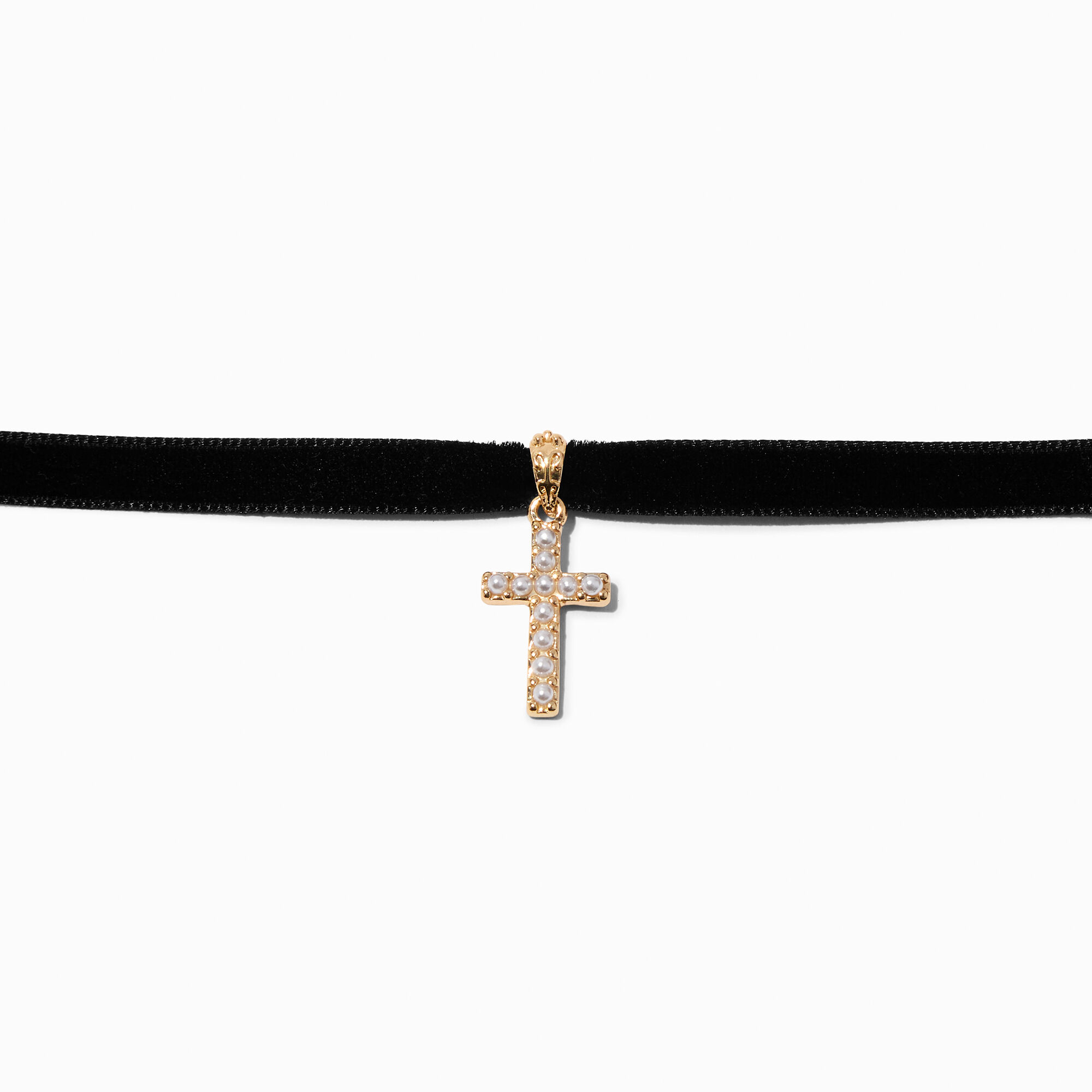 View Claires GoldTone Pearl Cross Velvet Choker Necklace Black information