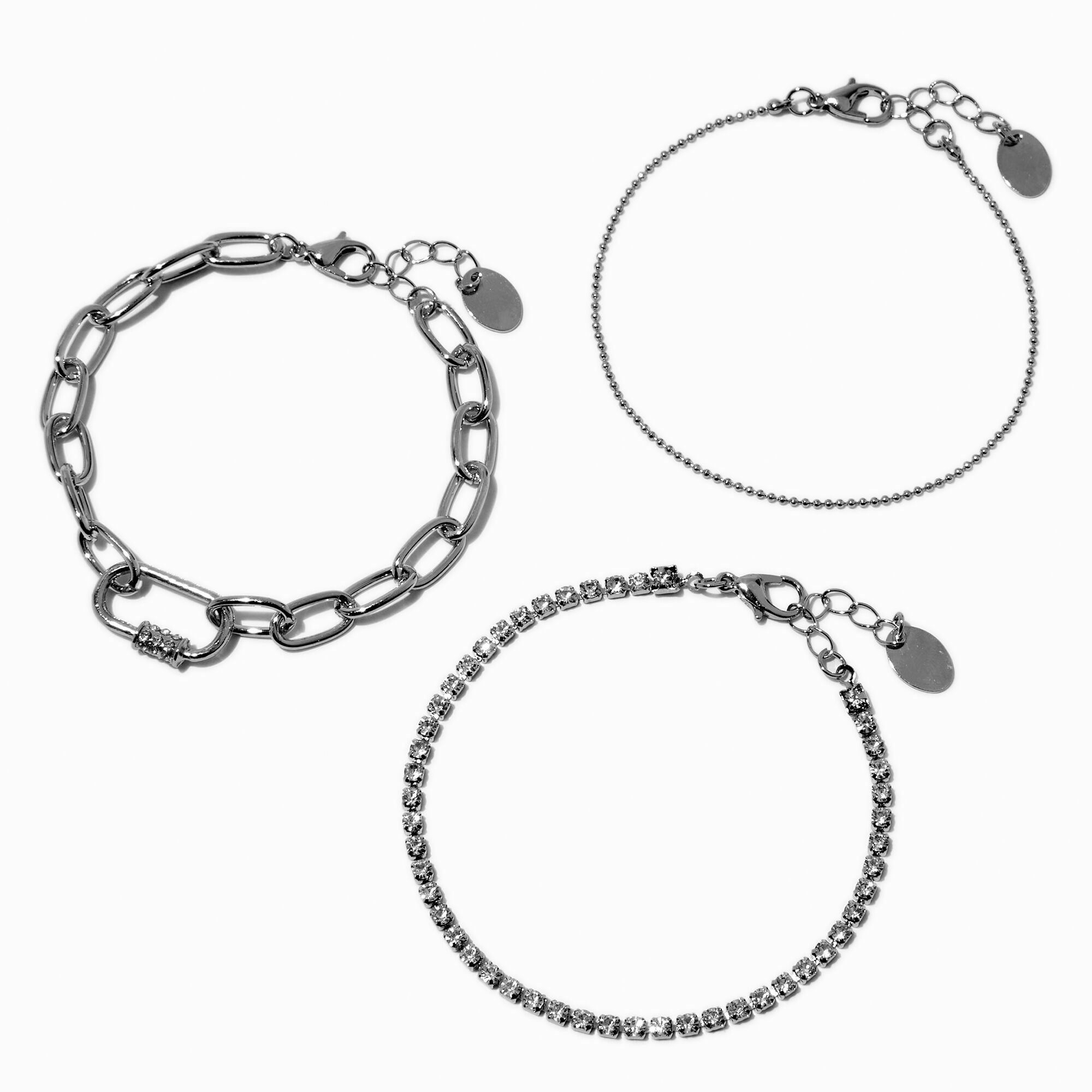 Silver-tone Carabiner Lock & Crystal Chain Bracelet Set - 3 Pack,