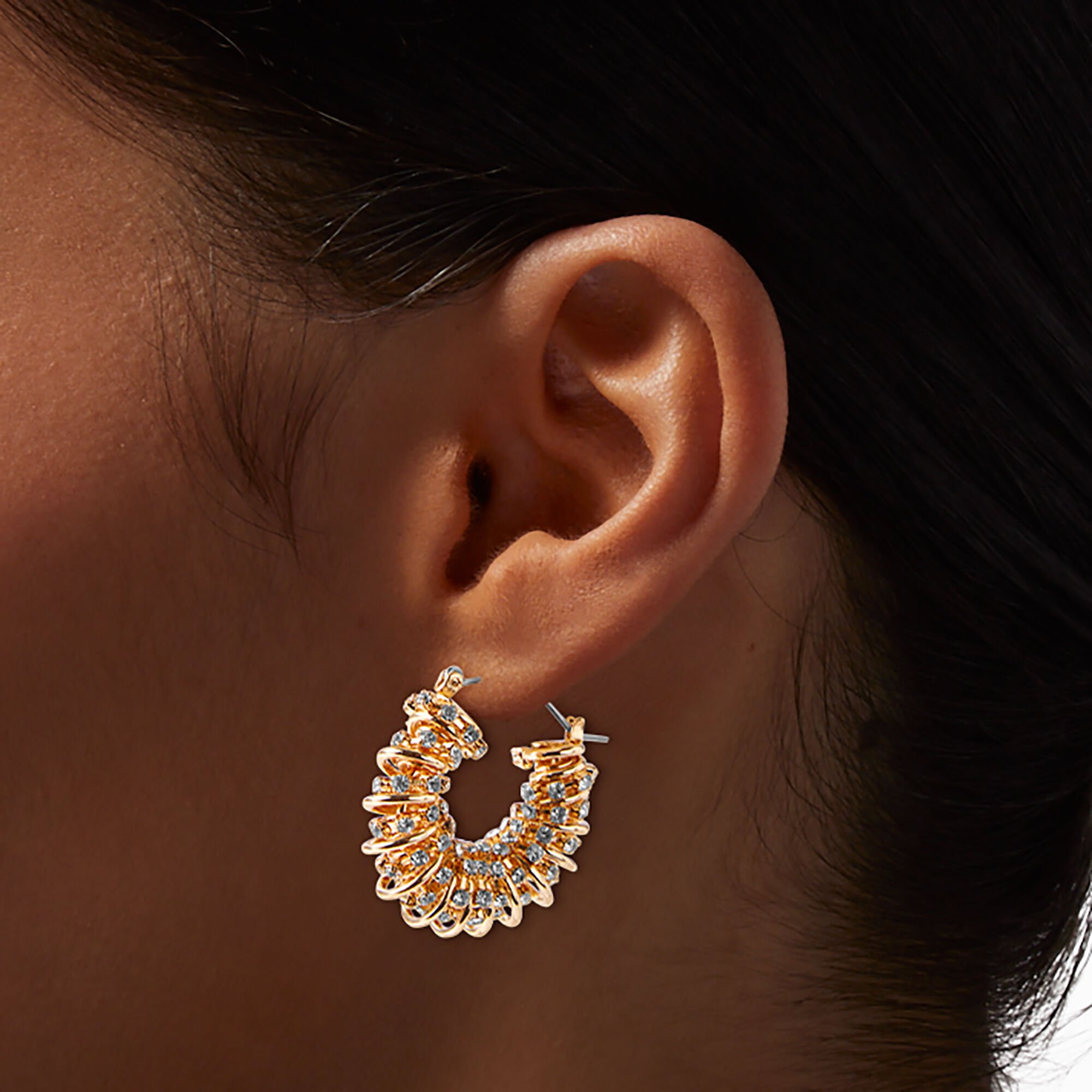 Gold-tone Twisted Crystal 15mm Hoop Earrings,