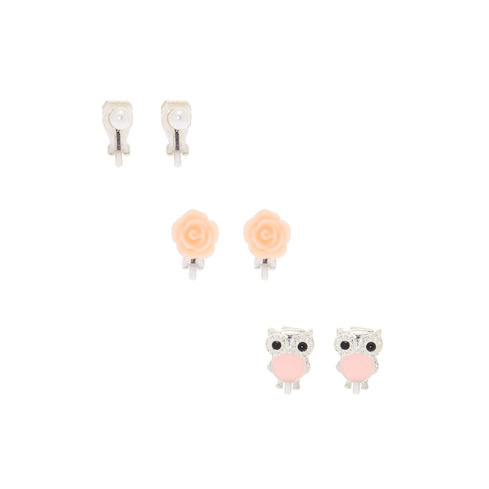 Lot de 3 boucles d'oreilles à clip roses motif hibou girly,