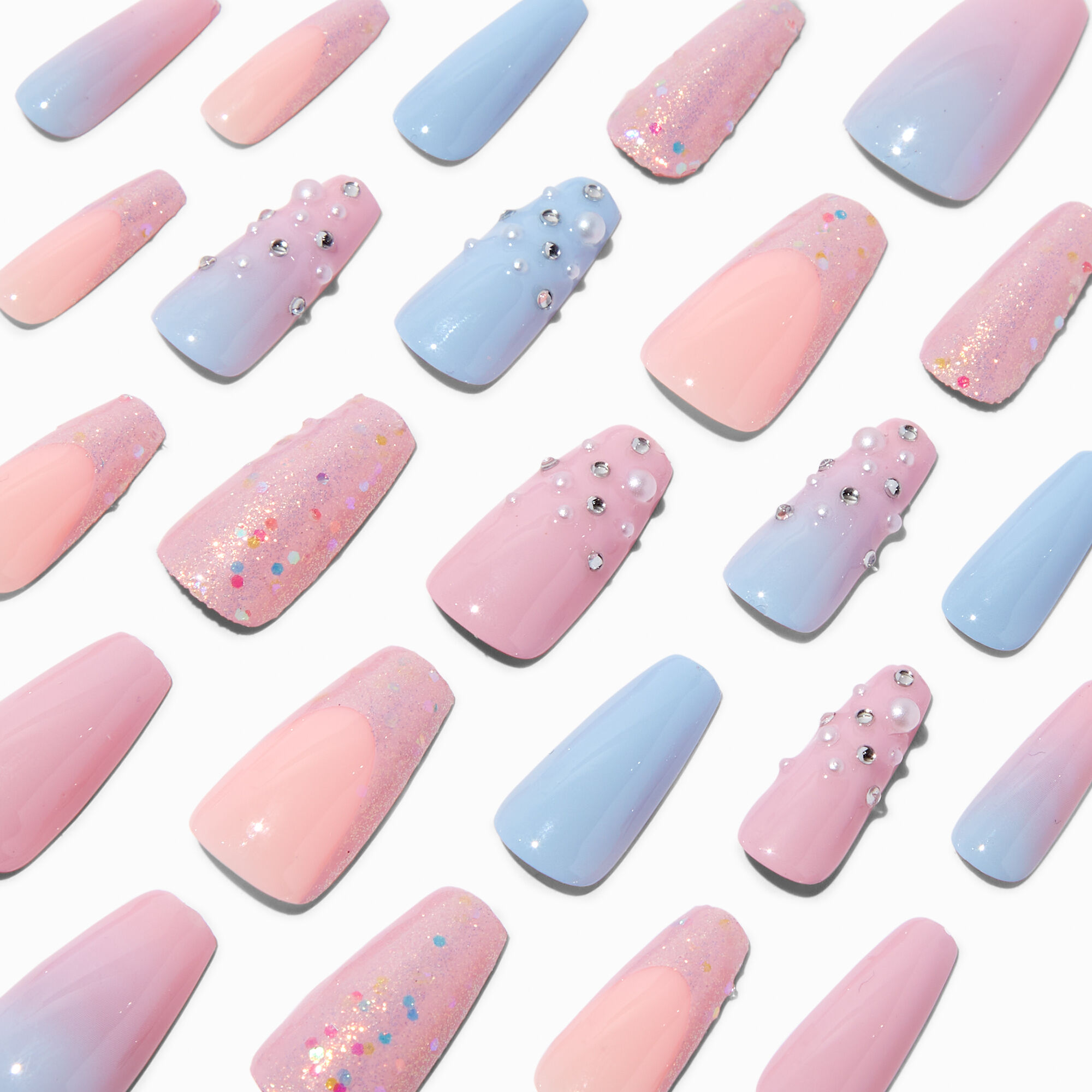 View Claires Pastel Pink Pearl Squareletto Vegan Faux Nail Set 24 Pack Blue information
