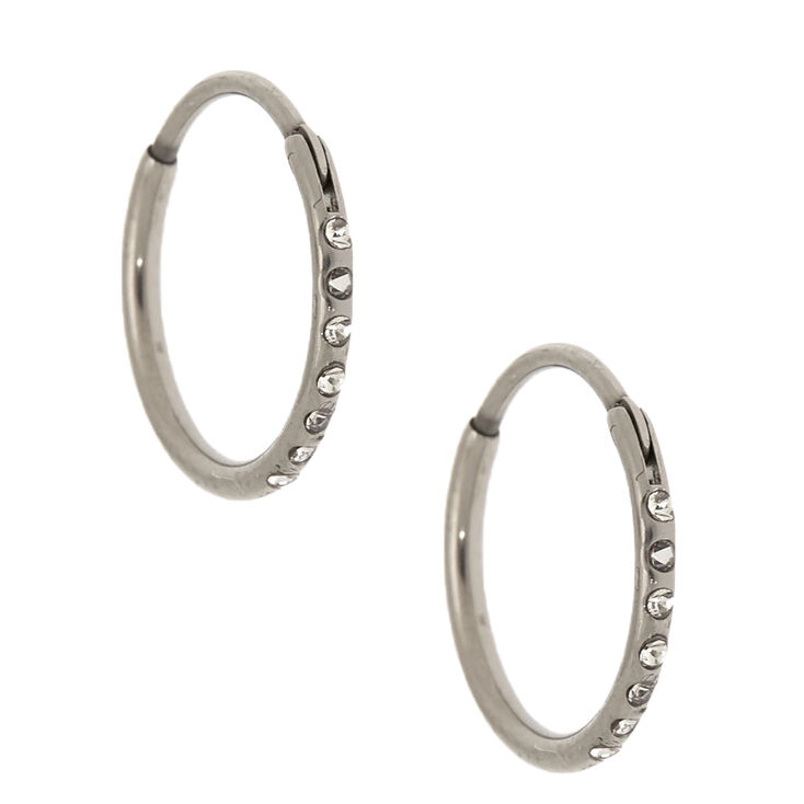 Silver-tone Titanium 10mm Sleek Crystal Hoop Earrings,