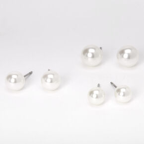 Graduated 6MM 7MM 8MM Pearl Stud Earrings - Ivory, 3 Pack,