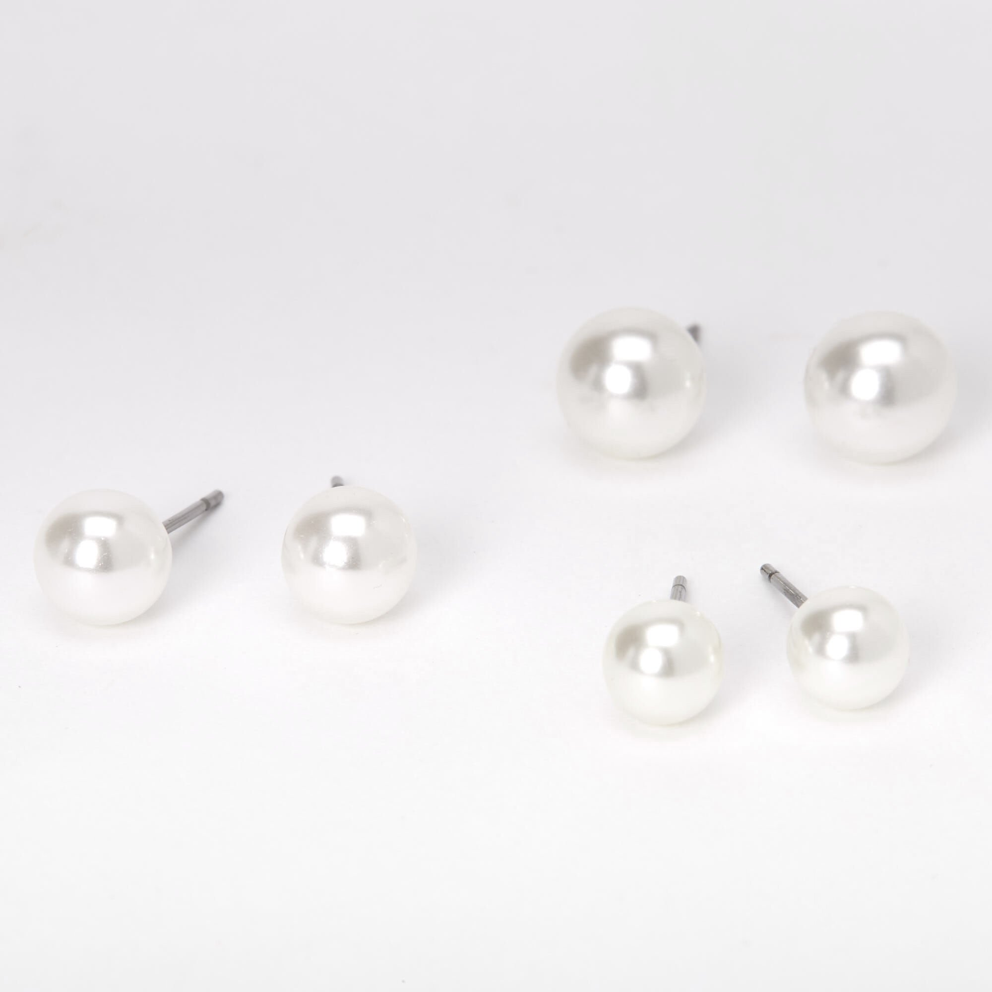 View Claires Graduated 6MM 7MM 8MM Pearl Stud Earrings Ivory 3 Pack Silver information