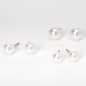 Graduated 6MM 7MM 8MM Pearl Stud Earrings - Ivory, 3 Pack,