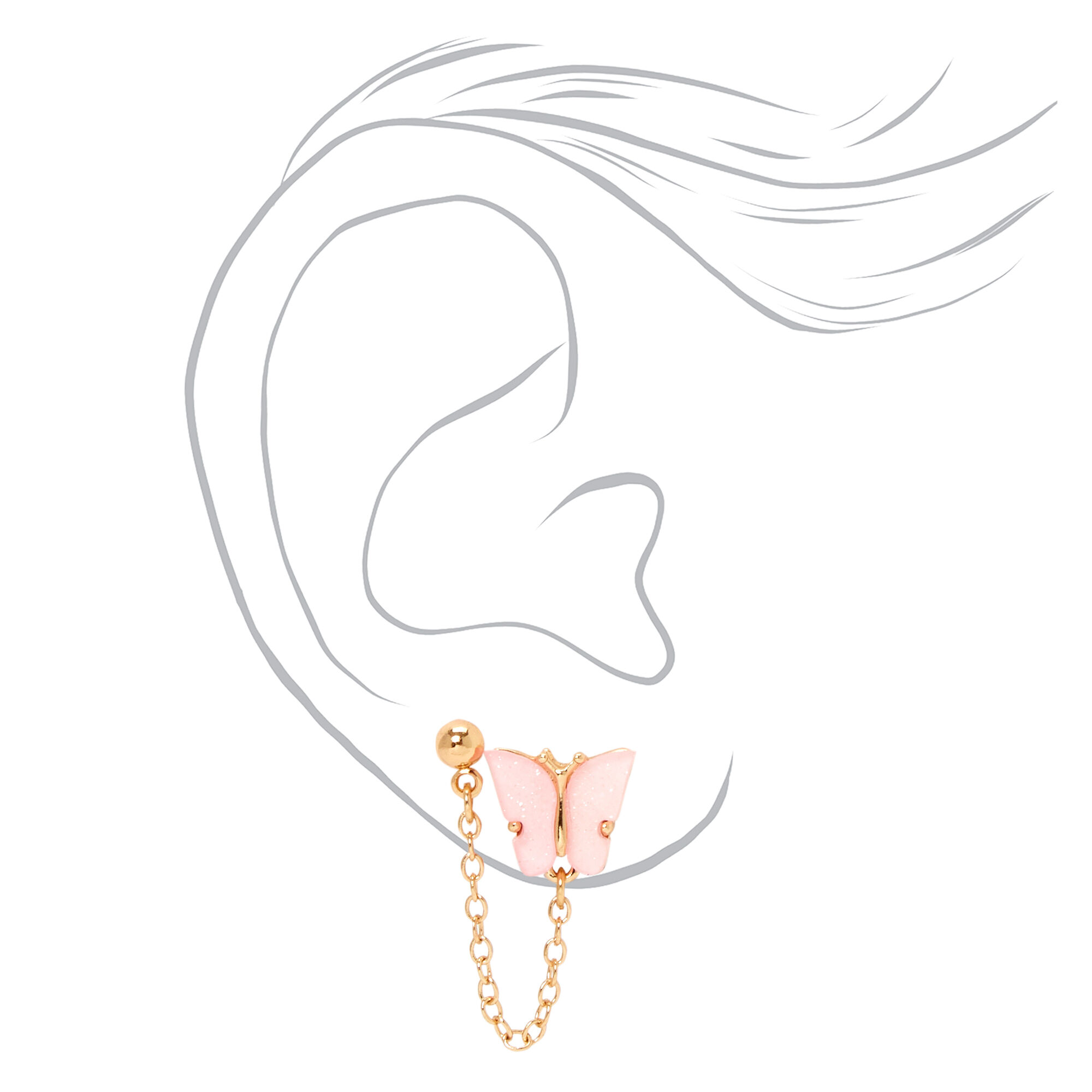 Pink Butterfly Gold-tone Connector Chain Stud Earrings,
