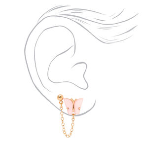 Pink Butterfly Gold Connector Chain Stud Earrings,