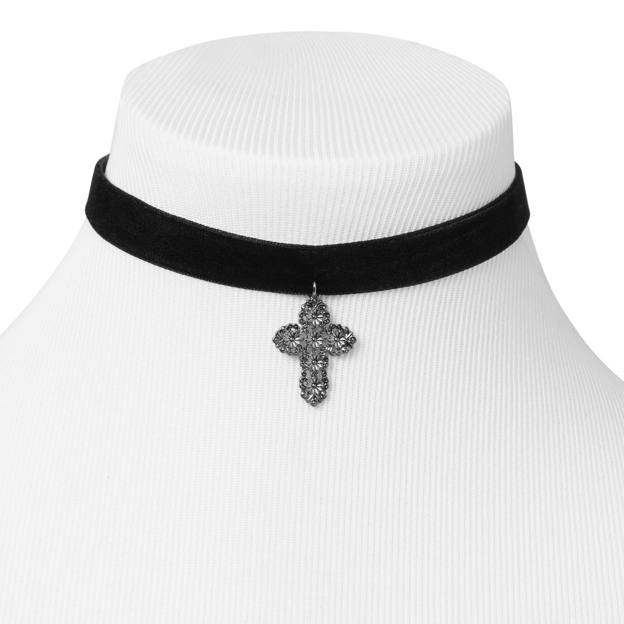 Floral Filigree Cross Black Velvet Ribbon Choker Necklace,