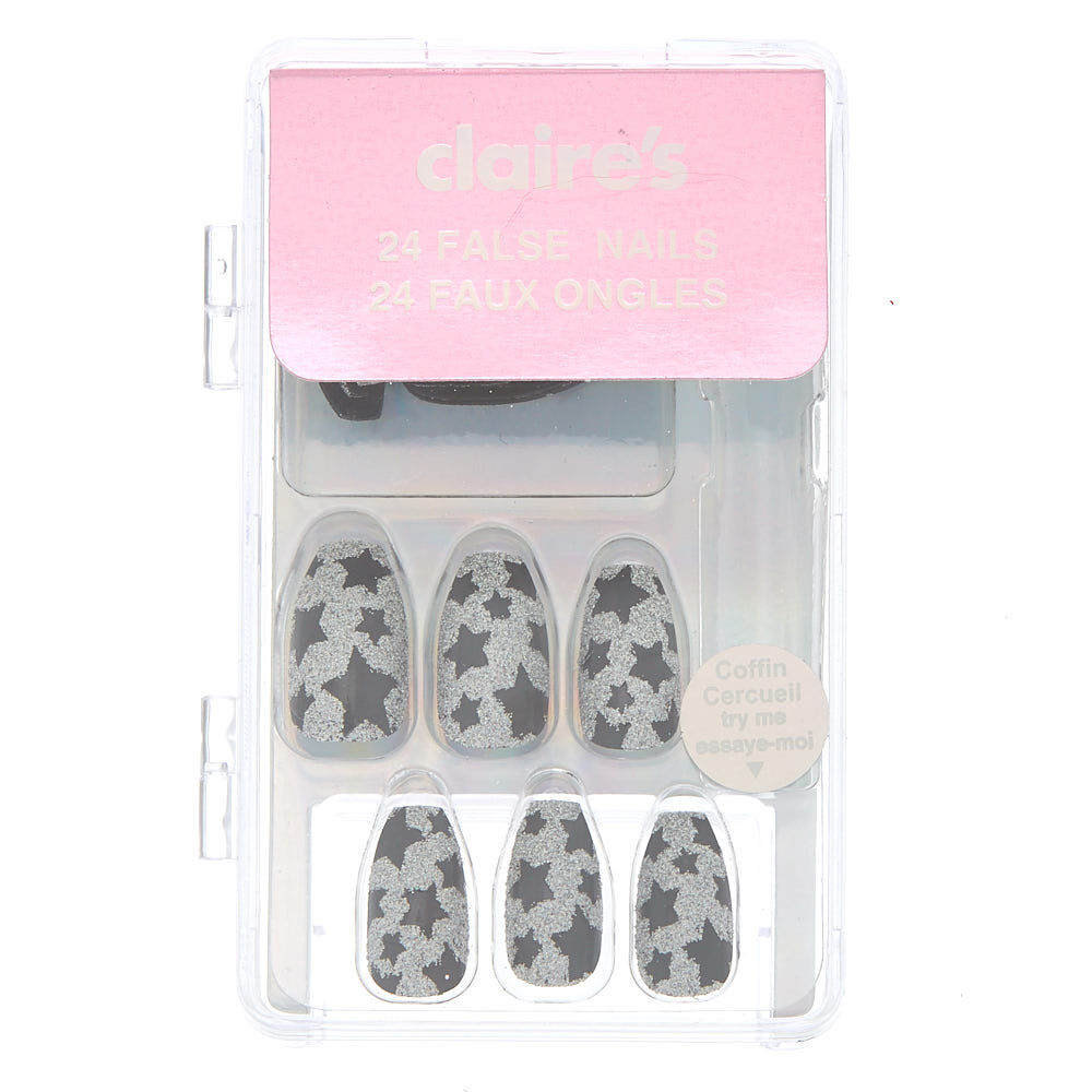 Lot de 24 faux ongles étoiles à paillettes argentées,