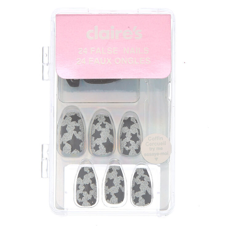 Lot de 24&nbsp;faux ongles &eacute;toiles &agrave; paillettes argent&eacute;es,