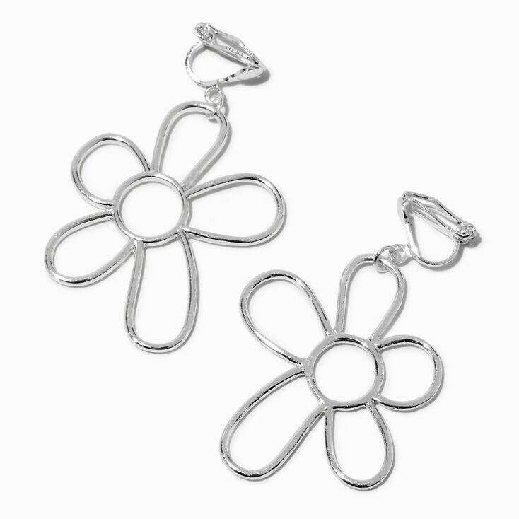Silver-tone Daisy Outline 1.5&quot; Clip-On Drop Earrings,