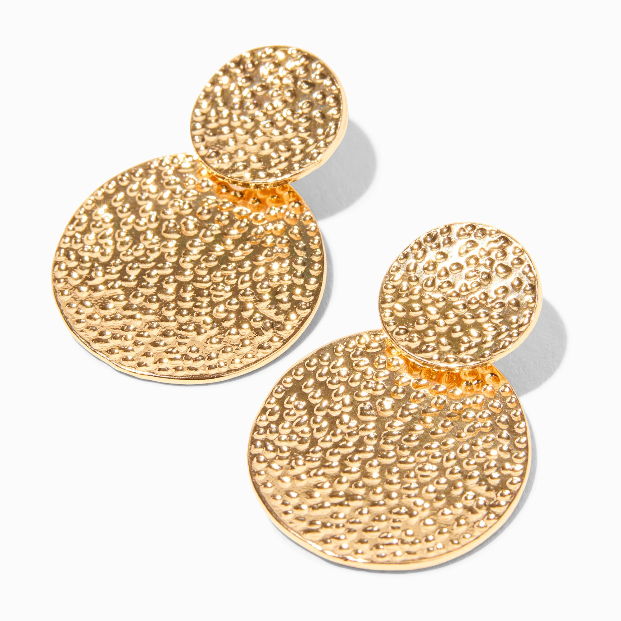View Claires Tone Textured Double Disc 2 Drop Earrings Gold information