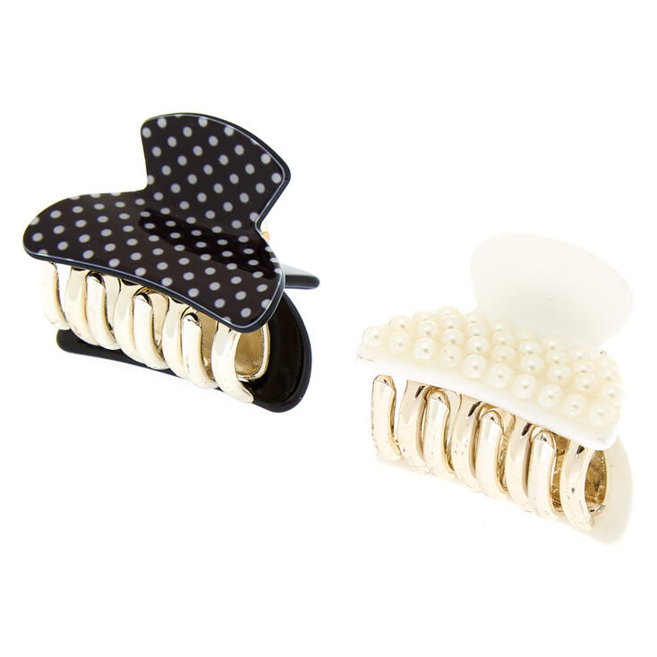 Black &amp; White Pearl Polka Dot Mini Hair Claws - 2 Pack,