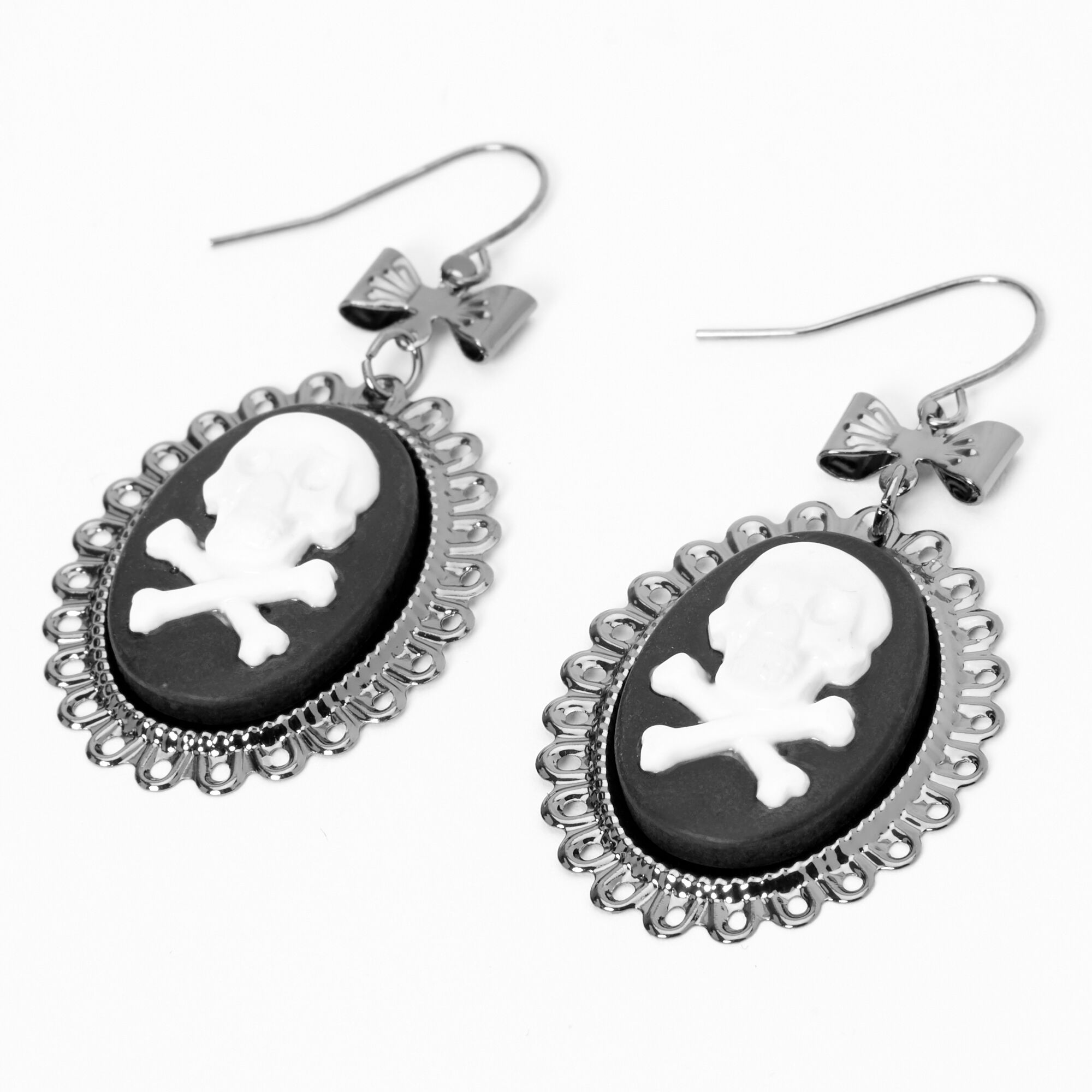 Silver 2" Victorian Skull Medallion Drop Earrings,