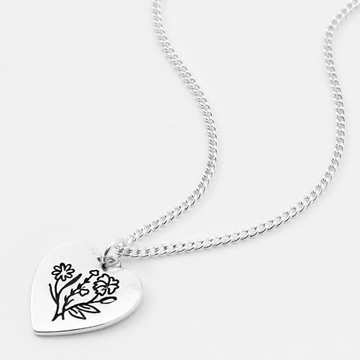 Silver Heart Black Flower Pendant Necklace,