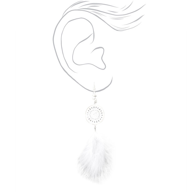 Silver 6&quot; Crochet Poofy Feather Drop Earrings - White,