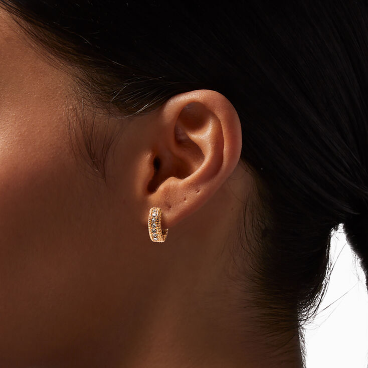 Gold Crystal Embellished 15MM Huggie Hoop Earrings,