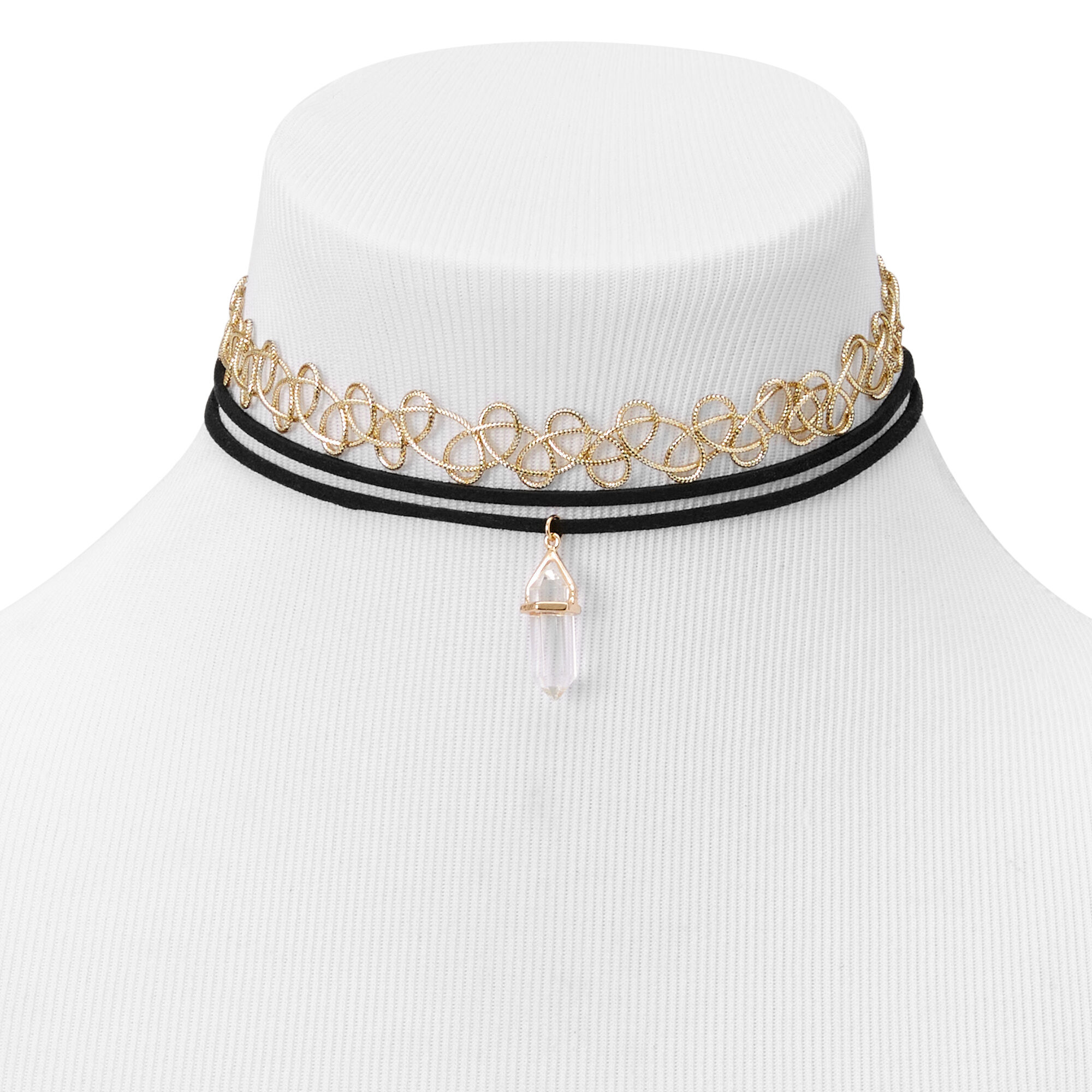 Gold Tattoo Black Cord Clear Mystical Gem Choker Necklaces 2