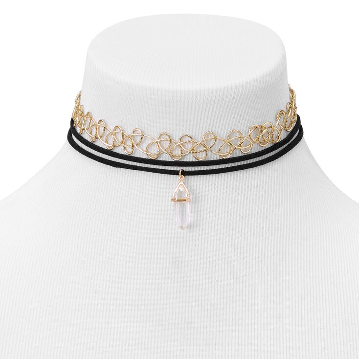 Gold Tattoo &amp; Black Cord Clear Mystical Gem Choker Necklaces - 2 Pack,