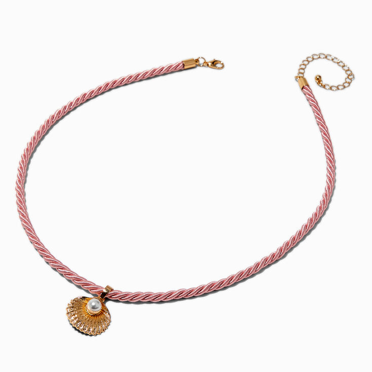 Gold-tone Scallop Pearl Pink Rope Pendant Necklace,