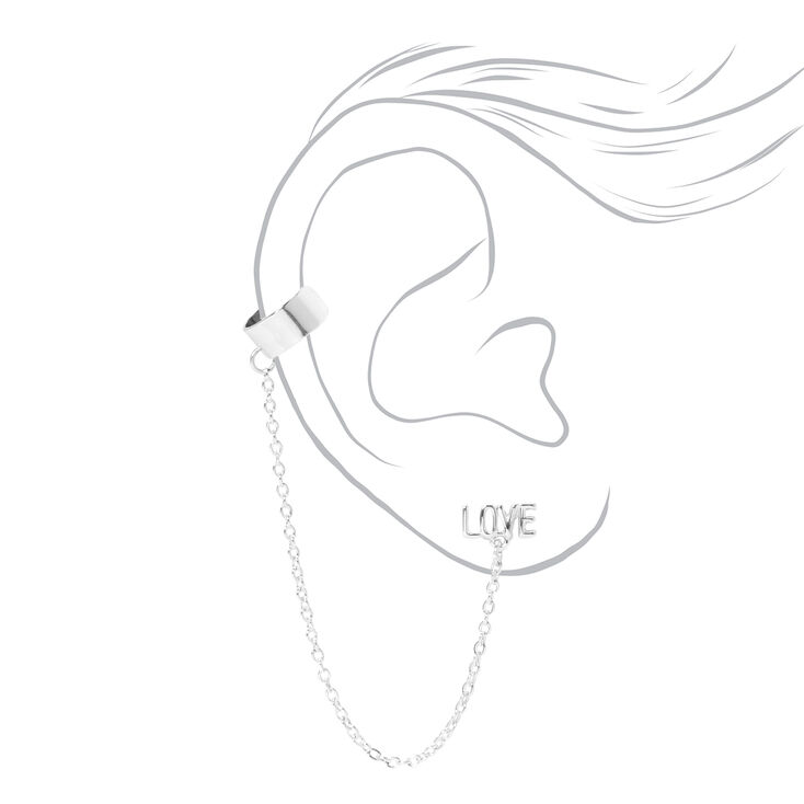 Silver Love Stud &amp; Cuff Connector Earrings,
