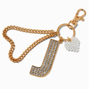 Gold-tone Bedazzled Initial Keychain - J,