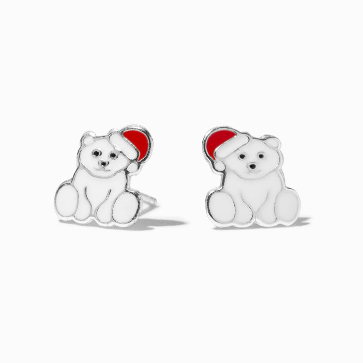 Sterling Silver Polar Bear Santa Hat Stud Earrings,