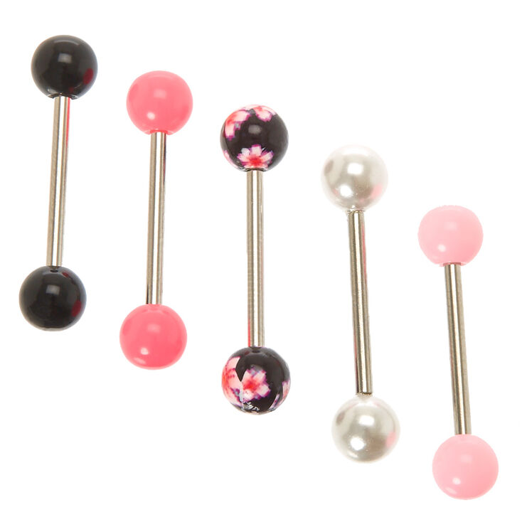 Silver 14G Floral Pearl Barbell Tongue Rings - Pink, 5 Pack,