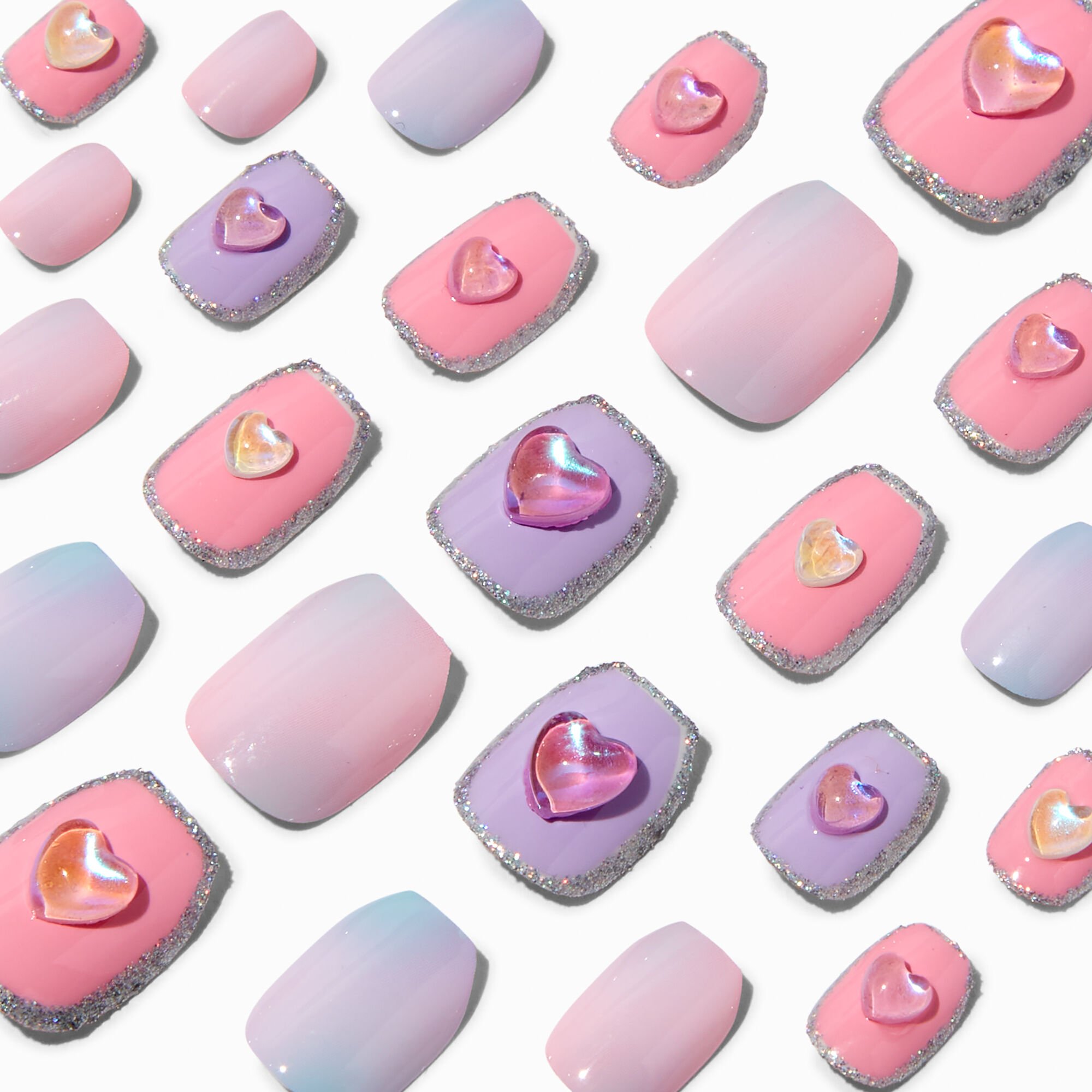 Faux ongles autocollants vegan carrés cœurs strass pastel - Lot de 24,
