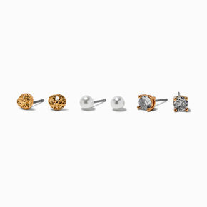 Gold-tone Cubic Zirconia Sand Dollar Stud Earrings - 3 Pack,