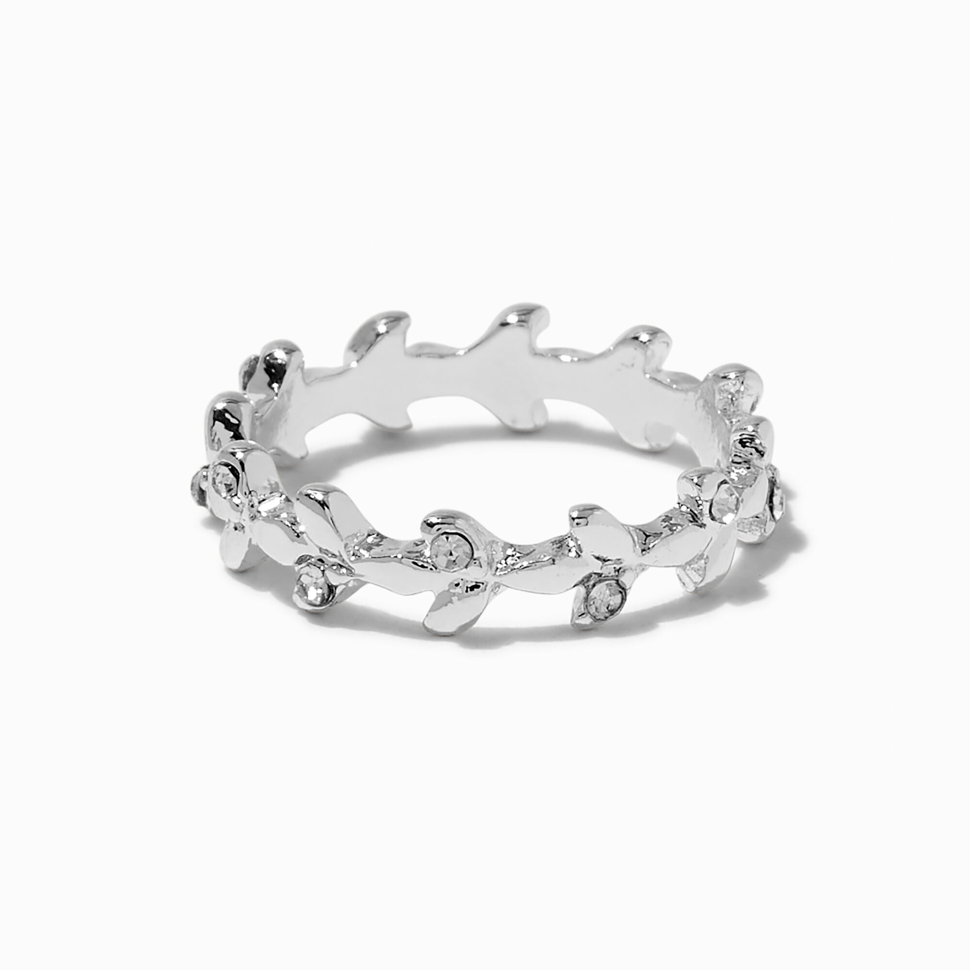 View Claires Tone Crystal Leaf Ring Silver information