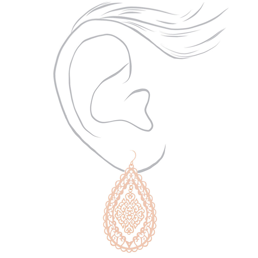 Rose Gold 2.5" Filigree Drop Earrings,