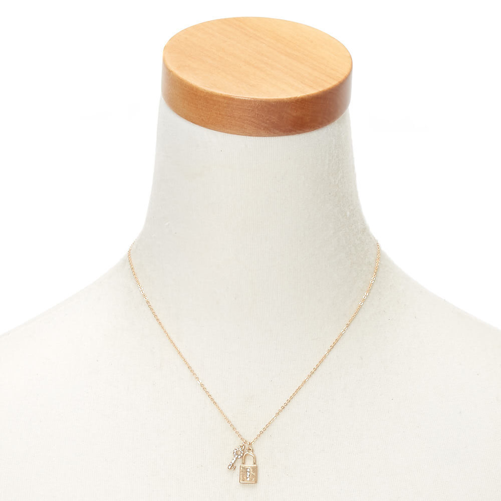 Collier à pendentif cadenas et clé couleur doré avec initiale - I,