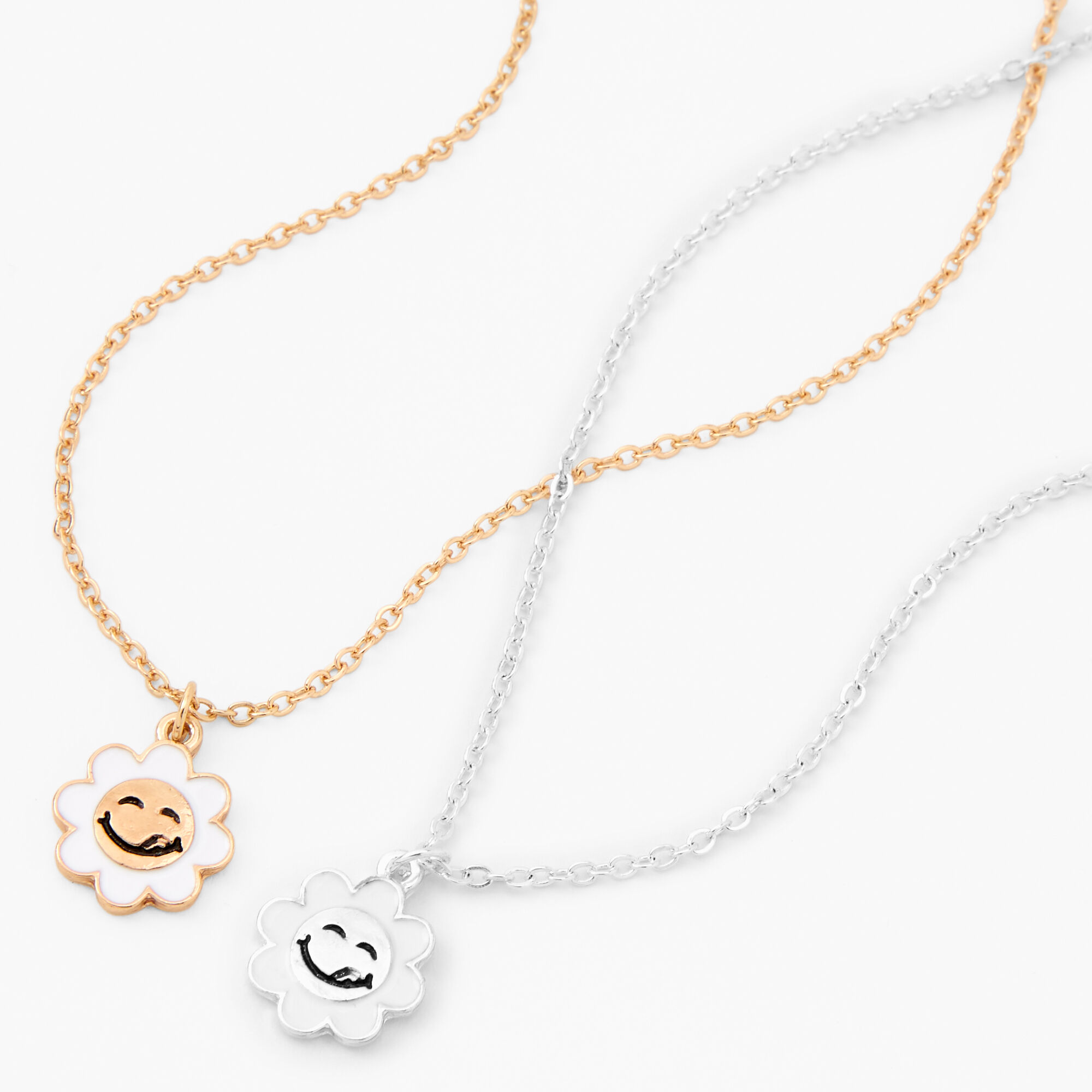 Mixed Metal Happy Face Daisy Pendant Necklace Set (2 Pack),